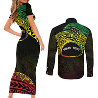 Personalised Nukuoro Atoll Couples Matching Short Sleeve Bodycon Dress and Long Sleeve Button Shirt Polynesian Tattoo Curves Reggae Version