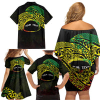 Personalised Nukuoro Atoll Family Matching Off Shoulder Short Dress and Hawaiian Shirt Polynesian Tattoo Curves Reggae Version