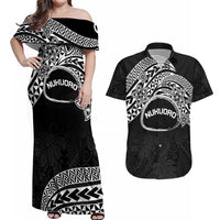 Personalised Pohnpei Nukuoro Micronesia Couples Matching Off Shoulder Maxi Dress and Hawaiian Shirt Polynesian Tattoo Curves Black Version LT14 Black - Polynesian Pride