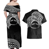 Personalised Pohnpei Nukuoro Micronesia Couples Matching Off Shoulder Maxi Dress and Hawaiian Shirt Polynesian Tattoo Curves Black Version LT14 - Polynesian Pride