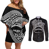 Personalised Pohnpei Nukuoro Micronesia Couples Matching Off Shoulder Short Dress and Long Sleeve Button Shirt Polynesian Tattoo Curves Black Version
