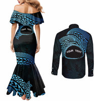 Personalised Pohnpei Nukuoro Micronesia Couples Matching Mermaid Dress and Long Sleeve Button Shirt Polynesian Tattoo Curves Blue Version