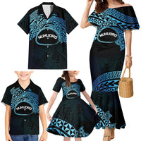 Personalised Pohnpei Nukuoro Micronesia Family Matching Mermaid Dress and Hawaiian Shirt Polynesian Tattoo Curves Blue Version