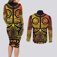 Marquesas Islands Couples Matching Long Sleeve Bodycon Dress and Long Sleeve Button Shirt Marquesan Tattoo Yellow Gradient - Polynesian Pride