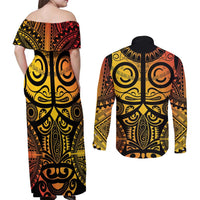 Marquesas Islands Couples Matching Off Shoulder Maxi Dress and Long Sleeve Button Shirt Marquesan Tattoo Yellow Gradient - Polynesian Pride