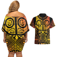 Marquesas Islands Couples Matching Off Shoulder Short Dress and Hawaiian Shirt Marquesan Tattoo Yellow Gradient - Polynesian Pride