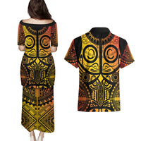 Marquesas Islands Couples Matching Puletasi and Hawaiian Shirt Marquesan Tattoo Yellow Gradient - Polynesian Pride