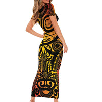 Marquesas Islands Short Sleeve Bodycon Dress Marquesan Tattoo Yellow Gradient - Polynesian Pride