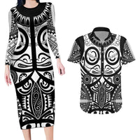 Marquesas Islands Couples Matching Long Sleeve Bodycon Dress and Hawaiian Shirt Marquesan Tattoo Black White Color - Polynesian Pride