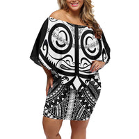 Marquesas Islands Family Matching Off Shoulder Short Dress and Hawaiian Shirt Marquesan Tattoo Black White Color - Polynesian Pride