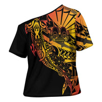 Gradient Marquesas Islands Cross Shoulder Shirt Marquesan Matatiki Hammerhead Shark Patutiki - Polynesian Pride