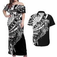 Black White Marquesas Islands Couples Matching Off Shoulder Maxi Dress and Hawaiian Shirt Marquesan Matatiki Hammerhead Shark Patutiki - Polynesian Pride