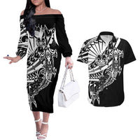 Black White Marquesas Islands Couples Matching Off The Shoulder Long Sleeve Dress and Hawaiian Shirt Marquesan Matatiki Hammerhead Shark Patutiki - Polynesian Pride