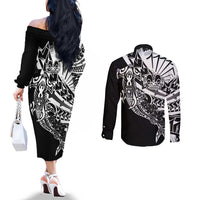 Black White Marquesas Islands Couples Matching Off The Shoulder Long Sleeve Dress and Long Sleeve Button Shirt Marquesan Matatiki Hammerhead Shark Patutiki - Polynesian Pride