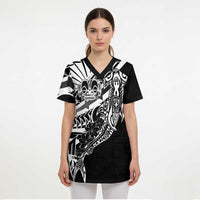 Black White Marquesas Islands Scrub Top Marquesan Matatiki Hammerhead Shark Patutiki - Polynesian Pride