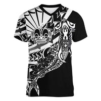 Black White Marquesas Islands Women V-Neck T-Shirt Marquesan Matatiki Hammerhead Shark Patutiki - Polynesian Pride