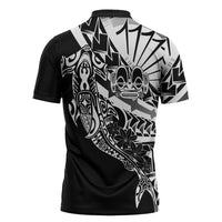 Black White Marquesas Islands Zipper Polo Shirt Marquesan Matatiki Hammerhead Shark Patutiki - Polynesian Pride