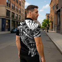 Black White Marquesas Islands Zipper Polo Shirt Marquesan Matatiki Hammerhead Shark Patutiki - Polynesian Pride