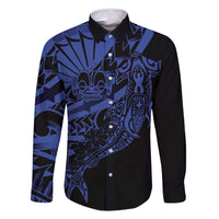 Blue Marquesas Islands Family Matching Off Shoulder Short Dress and Hawaiian Shirt Marquesan Matatiki Hammerhead Shark Patutiki - Polynesian Pride