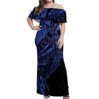 Blue Marquesas Islands Off Shoulder Maxi Dress Marquesan Matatiki Hammerhead Shark Patutiki - Polynesian Pride