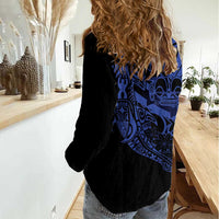 Blue Marquesas Islands Women Casual Shirt Marquesan Matatiki Hammerhead Shark Patutiki - Polynesian Pride