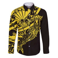 Yellow Marquesas Islands Family Matching Off Shoulder Maxi Dress and Hawaiian Shirt Marquesan Matatiki Hammerhead Shark Patutiki - Polynesian Pride