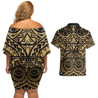 Austral Islands Couples Matching Off Shoulder Short Dress and Hawaiian Shirt Tuhaa Pae Penu Stars Necklace Gold - Polynesian Pride