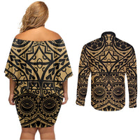 Austral Islands Couples Matching Off Shoulder Short Dress and Long Sleeve Button Shirt Tuhaa Pae Penu Stars Necklace Gold LT14 - Polynesian Pride