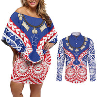 Austral Islands Couples Matching Off Shoulder Short Dress and Long Sleeve Button Shirt Tuhaa Pae Penu Stars Necklace Red - Polynesian Pride