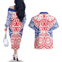 Austral Islands Couples Matching Off The Shoulder Long Sleeve Dress and Hawaiian Shirt Tuhaa Pae Penu Stars Necklace Red - Polynesian Pride