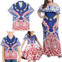 Austral Islands Family Matching Off Shoulder Maxi Dress and Hawaiian Shirt Tuhaa Pae Penu Stars Necklace Red - Polynesian Pride