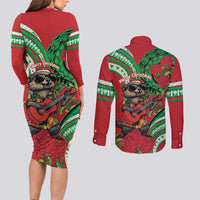 Mele Kalikimaka Hawaii Couples Matching Long Sleeve Bodycon Dress and Long Sleeve Button Shirt Mongoose Santa With Ohia Lehua