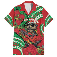 Mele Kalikimaka Hawaii Family Matching Short Sleeve Bodycon Dress and Hawaiian Shirt Mongoose Santa With Ohia Lehua LT14 Dad's Shirt - Short Sleeve Red - Polynesian Pride