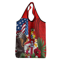 United States And Tonga Grocery Bag USA Flag Eagle Mix Tongan Coat Of Arms Ngatu Pattern