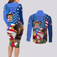 United States And Fiji Couples Matching Long Sleeve Bodycon Dress and Long Sleeve Button Shirt USA Flag Eagle Mix Fijian Coat Of Arms Tapa Pattern LT14 - Polynesian Pride