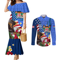 United States And Fiji Couples Matching Mermaid Dress and Long Sleeve Button Shirt USA Flag Eagle Mix Fijian Coat Of Arms Tapa Pattern LT14 Blue - Polynesian Pride