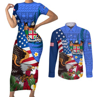 United States And Fiji Couples Matching Short Sleeve Bodycon Dress and Long Sleeve Button Shirt USA Flag Eagle Mix Fijian Coat Of Arms Tapa Pattern LT14 Blue - Polynesian Pride