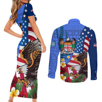 United States And Fiji Couples Matching Short Sleeve Bodycon Dress and Long Sleeve Button Shirt USA Flag Eagle Mix Fijian Coat Of Arms Tapa Pattern LT14 - Polynesian Pride