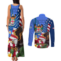 United States And Fiji Couples Matching Tank Maxi Dress and Long Sleeve Button Shirt USA Flag Eagle Mix Fijian Coat Of Arms Tapa Pattern LT14 - Polynesian Pride
