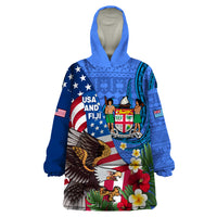 United States And Fiji Wearable Blanket Hoodie USA Flag Eagle Mix Fijian Coat Of Arms Tapa Pattern LT14 One Size Blue - Polynesian Pride