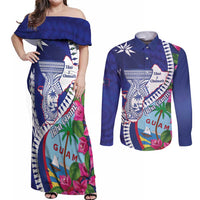 Biba Guam Liberation Day Couples Matching Off Shoulder Maxi Dress and Long Sleeve Button Shirt Tano y Chamoru Latte Stone Blue