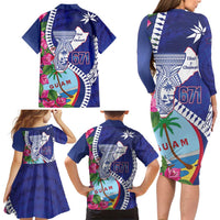 Biba Guam Liberation Day Family Matching Long Sleeve Bodycon Dress and Hawaiian Shirt Tano y Chamoru Latte Stone Blue