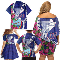 Biba Guam Liberation Day Family Matching Off Shoulder Short Dress and Hawaiian Shirt Tano y Chamoru Latte Stone Blue