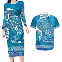 Kuri Dog Waka New Zealand Matariki Couples Matching Long Sleeve Bodycon Dress and Hawaiian Shirt Ocean Sharks Maori Tattoo LT14 Blue - Polynesian Pride