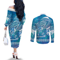 Kuri Dog Waka New Zealand Matariki Couples Matching Off The Shoulder Long Sleeve Dress and Long Sleeve Button Shirt Ocean Sharks Maori Tattoo LT14 - Polynesian Pride