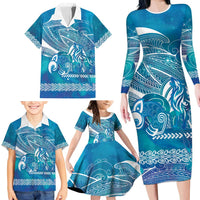 Kuri Dog Waka New Zealand Matariki Family Matching Long Sleeve Bodycon Dress and Hawaiian Shirt Ocean Sharks Maori Tattoo LT14 - Polynesian Pride