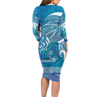 Kuri Dog Waka New Zealand Matariki Family Matching Long Sleeve Bodycon Dress and Hawaiian Shirt Ocean Sharks Maori Tattoo LT14 - Polynesian Pride