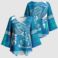 Kuri Dog Waka New Zealand Matariki Kimono Sleeve Blouse Ocean Sharks Maori Tattoo