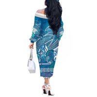 Kuri Dog Waka New Zealand Matariki Off The Shoulder Long Sleeve Dress Ocean Sharks Maori Tattoo LT14 - Polynesian Pride