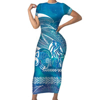 Kuri Dog Waka New Zealand Matariki Short Sleeve Bodycon Dress Ocean Sharks Maori Tattoo LT14 Long Dress Blue - Polynesian Pride